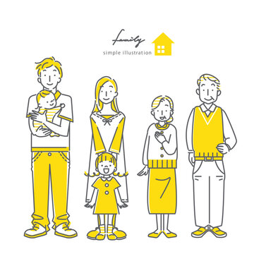 simple bicolor illustration of happy family, line art, yellow, grey
