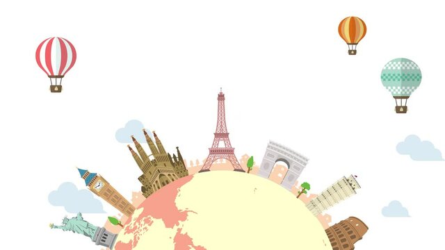 Travel, vacation, sightseeing animation banner (4K) . World heritage and world famous buildings. no text version..