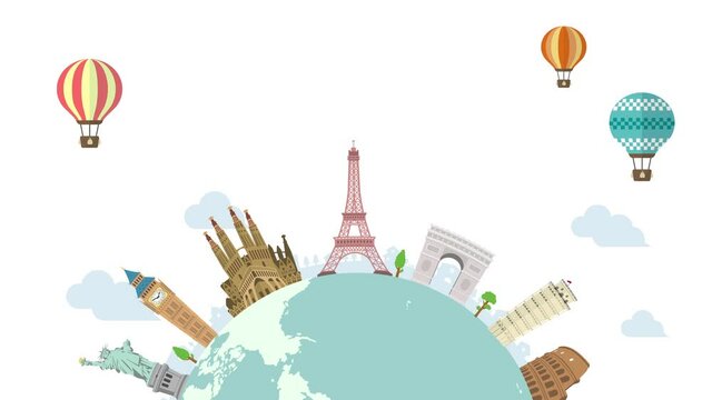 Travel, vacation, sightseeing animation banner (4K) . World heritage and world famous buildings. no text version..