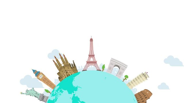 Travel, vacation, sightseeing animation banner (4K) . World heritage and world famous buildings. no text version..