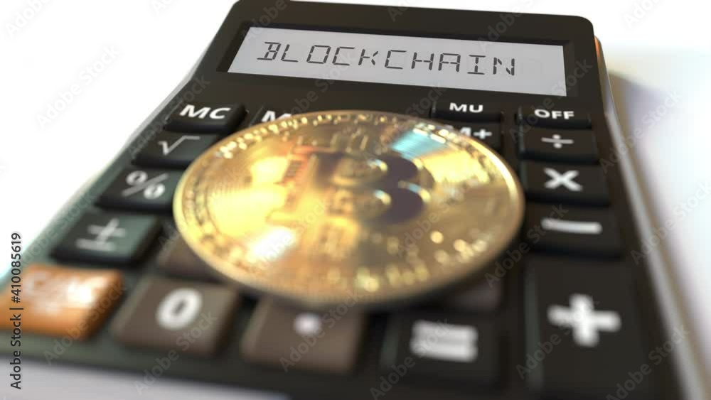 Poster blockchain text on calculator display and bitcoin money symbol. financial concept. 3d animation