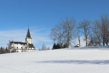 Fototapeta na wymiar church on the horizon with trees in a snowy landscape