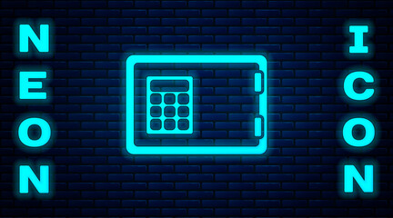 Glowing neon Safe icon isolated on brick wall background. The door safe a bank vault with a combination lock. Reliable Data Protection. Vector.