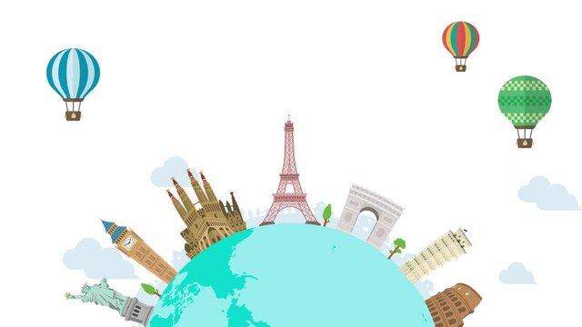Travel, vacation, sightseeing animation banner (4K) . World heritage and world famous buildings. no text version..