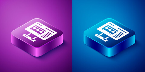 Isometric Ticket office to buy tickets for train or plane icon isolated on blue and purple background. Buying tickets. Ticket service. Square button. Vector.
