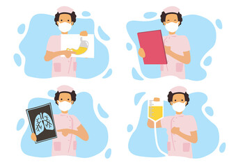 Set of four female nurses wearing surgical mask with different action