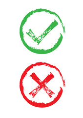 Tick and cross signs, icons. Symbols of YES and NO button. Vector illustration.