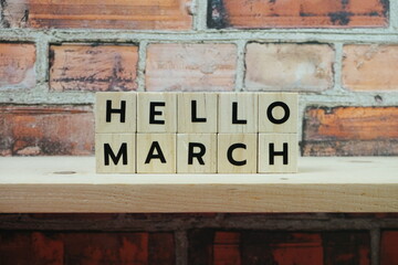 Fototapeta na wymiar Hello March alphabet letter on shelves wooden background