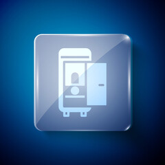 White Toilet in the train car icon isolated on blue background. Square glass panels. Vector.