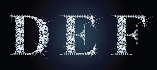 Diamond alphabet letters. Stunning beautiful DEF jewelry set in gems and silver. Vector eps10 illustration.
