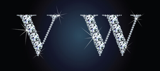 Diamond alphabet letters. Stunning beautiful V, W jewelry set in gems and silver. Vector eps10 illustration. - 410086860