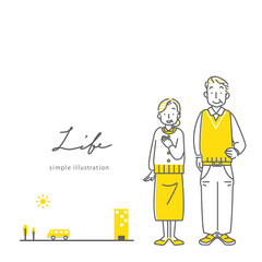 笑顔で立っているシニア夫婦の全身イラスト　シンプルでおしゃれな線画　2色　ライフスタイル