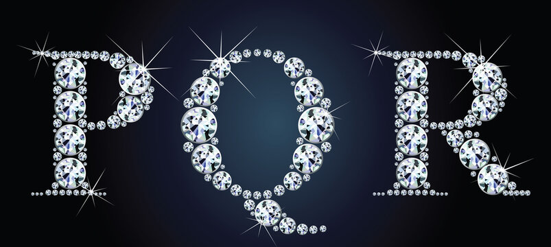 Diamond alphabet letters. Stunning beautiful PQR jewelry set in gems and silver. Vector eps10 illustration.