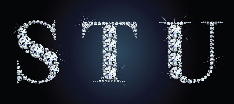 Diamond alphabet letters. Stunning beautiful S, T, U, jewelry set in gems and silver. Vector eps10 illustration.