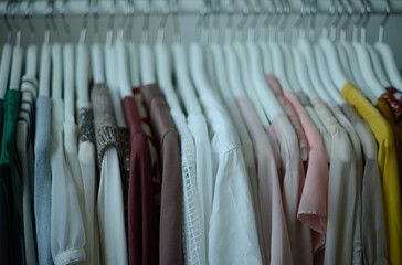 blouses hanging on white hangers in a row, arranged by color