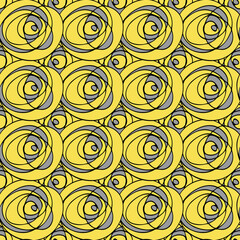 Abstract paint dab circle vector seamless pattern background. Geometric yellow grey backdrop with painterly circular brush swirls. Blended overlapping design. Funky all over print for summer fashion