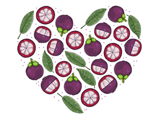 A heart-shaped set of illustrations of mangosteen fruits in different types and leaves of the mangosteen tree. Color drawing are isolated on a white background. Doodle style.