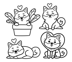 Vector set of cartoon shiba in love isolated on white.