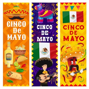 Cinco de Mayo Mexican fiesta holiday vector banners. Sombrero hats, chilli pepper and mariachi musician characters with guitars, mustache, Mexico flags, tequila, tacos and nachos, pinata and fireworks