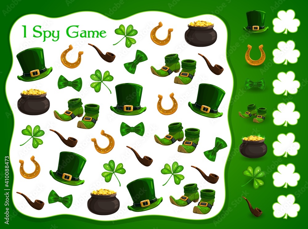 Poster i spy kids game with st patrick day vector elements. development of numeracy skills and attention, c