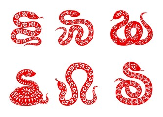 Chinese zodiac snake animal vector icons set. China Lunar new year symbolic, red ornate wriggling serpent, horoscope signs isolated on white background. Sarpentine snake asian symbol of year, tattoo