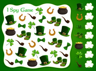 I spy kids game with st Patrick day vector elements. Development of numeracy skills and attention, cartoon riddle page. Math worksheet for kindergarten, school, preschool children, educational puzzle