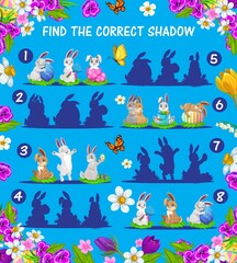 Kids game of find and match shadows of vector Easter bunnies and eggs. Children education memory puzzle or riddle with Easter egg hunt rabbits and butterflies in frame of spring flowers and grass