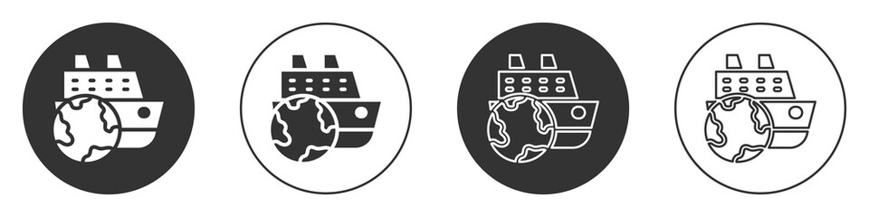 Black Cruise ship icon isolated on white background. Travel tourism nautical transport. Voyage passenger ship, cruise liner. Worldwide cruise. Circle button. Vector.