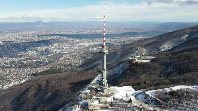 Aerial Winter view of Kopititoto tower at Vitosha Mountain, Sofia City region, Bulgaria