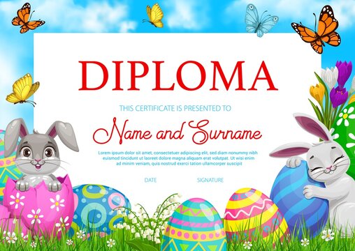 Education school diploma with vector Easter rabbits, painted eggs and flowers on green spring meadow with flying butterflies. Kindergarten kids certificate, cartoon egg hunt party award frame template