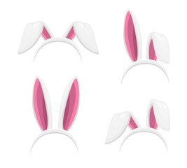 Easter bunny or rabbit ears headband isolated vector objects set. Easter holiday costume cartoon design of head band with cute hare animal ears, white and pink fur, egg hunt party mask and hat