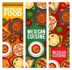 Mexican cuisine vector chicken pepper stew, sweet buns rosca de reyes. Vegetable salad, meat vegetable burritos, tomato tortilla soup. Beef fajitas, sauce, chilli chicken with jalapeno food of Mexico