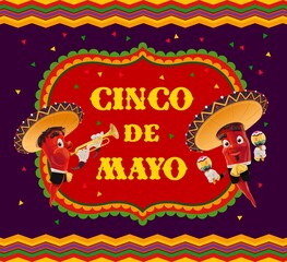 Cinco de Mayo vector poster. Mariachi band, jalapenos chili peppers in mexican sombrero playing trumpet and maracas. Cartoon characters red hot jalapenos play music for Cinco de Mayo celebration event
