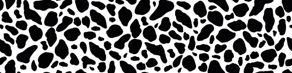 Vector cow pattern seamless background. Black irregular patches on white backdrop. Abstract cows skin texture illustration. Random bovine spots hand drawn design. Farm animal textural all over print