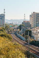 Railways in a modern Chinese city, surrounded by buildings