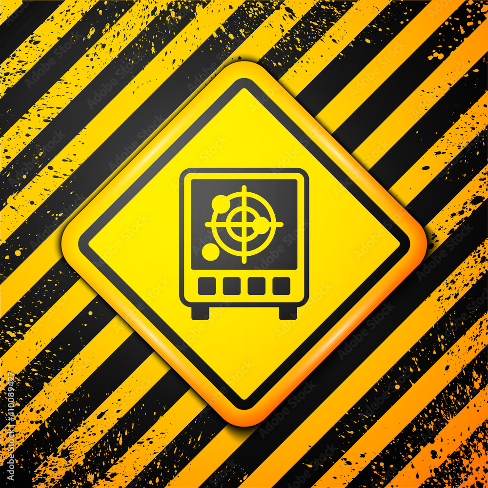 Poster black radar with targets on monitor in searching icon isolated on yellow background. search system. 