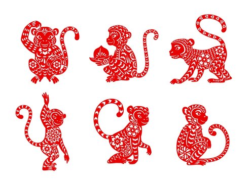 Chinese zodiac monkey animal vector icons set. Ape Lunar new year of China symbolic, red ornate , astrological horoscope signs isolated on white background. Asian symbol of year, tattoo or paper cut