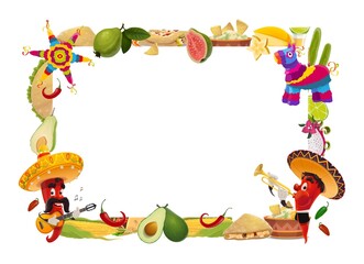 Fototapeta premium Cinco de Mayo vector frame, mexican holiday. Festive border with jalapenos in sombrero play guitar and trumpet. Mexico drink, food tacos, enchiladas and tequila with lime, corn and fruits with pinata