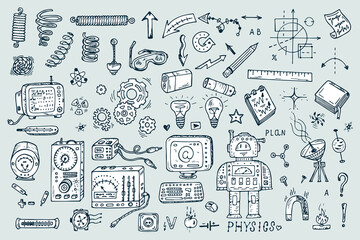 Science icons. Hand drawn doodles Physics Set. Robot, Measuring equipment, instrumentation and elements
