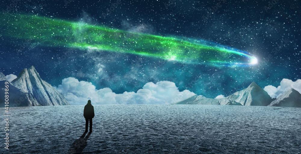 Wall mural silhouette of a man and starry night sky in surreal landscape