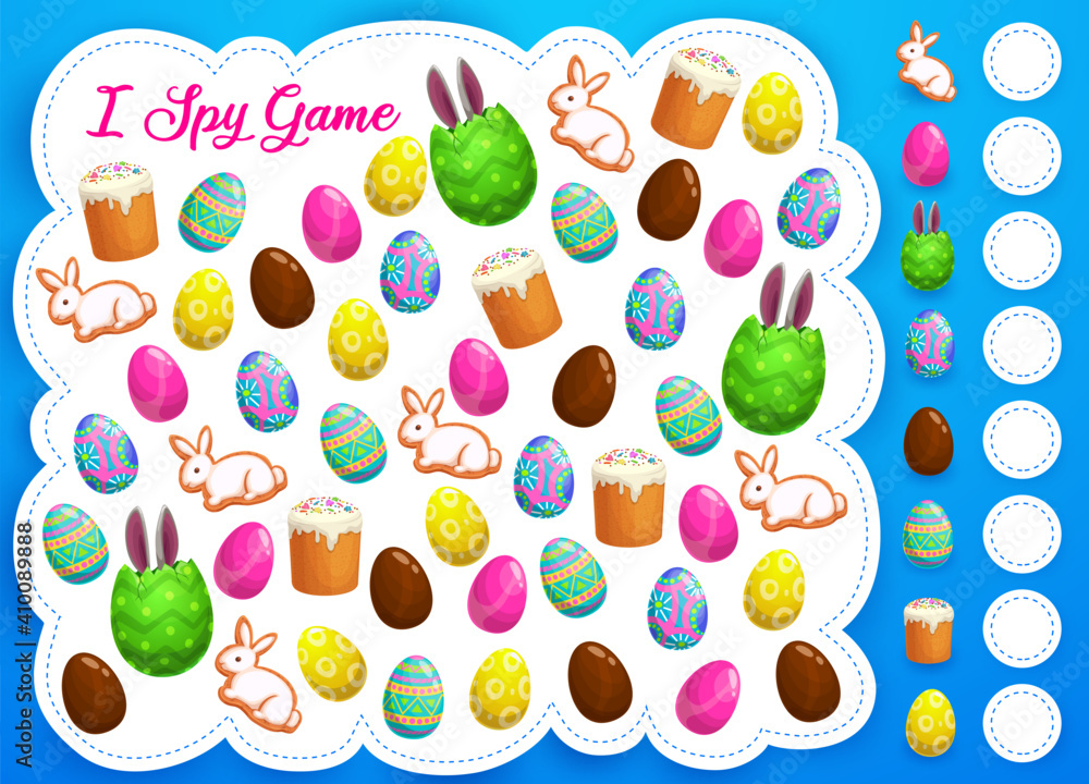 Poster easter i spy game or puzzle vector template of kids education. counting game or logic riddle workshe