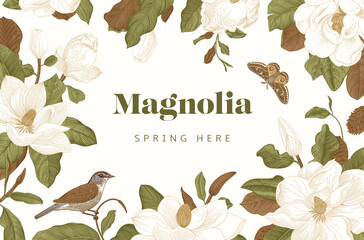 Magnolia. Spring here. Vector vintage botanical illustration. Horizontal card. Green and brown
