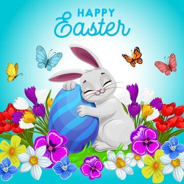 Happy Easter vector poster with cute bunny hugging decorated egg on fied with flowers and butterflies Cartoon greeting card with sleeping rabbit and spring blossoms. Happy Easter holiday postcard
