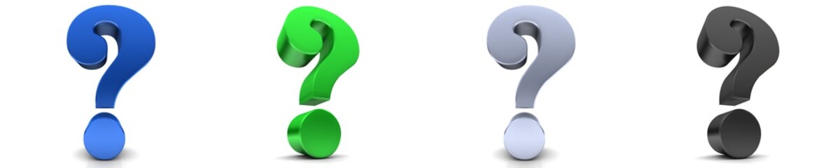 Question marks interrogation point signs blue green silver black 3d rendering