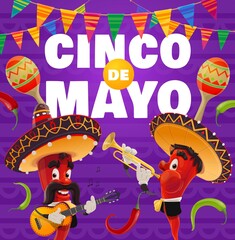 Cinco de Mayo vector poster. Mariachi band, jalapenos chili peppers in mexican sombrero playing trumpet and guitar. Cartoon characters red hot jalapenos play music for Cinco de Mayo celebration event