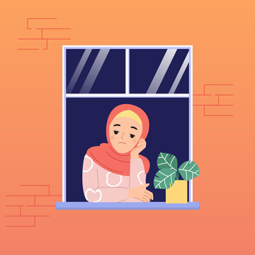 Hijab Woman Feel Bored Staying At Home Because Of Corona Virus Pandemic. Window On Brick Wall. Flat Vector Cartoon Design.