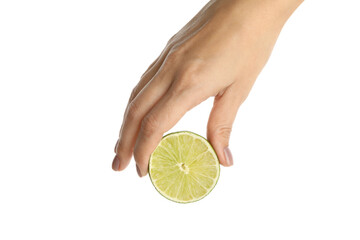 Female hand hold half of lime, isolated on white background