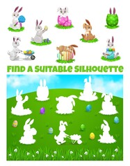 Kids game of find correct shadows of Easter egg hunt vector template. Children education worksheet, logic puzzle or riddle with cute cartoon Easter bunnies and eggs on spring green grass field
