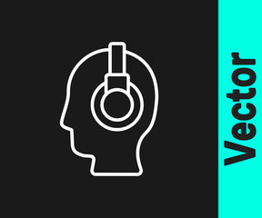 White line Man with a headset icon isolated on black background. Support operator in touch. Concept for call center, client support service. Vector Illustration.