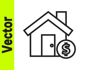 Black line House with dollar symbol icon isolated on white background. Home and money. Real estate concept. Vector Illustration.